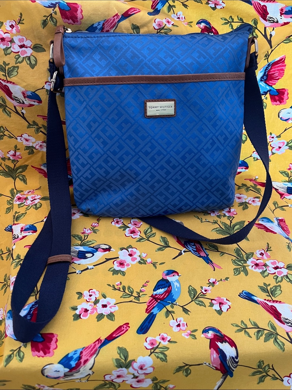 Tommy Hilfiger Blue Crossbody with Navy Strap and Brown Trim